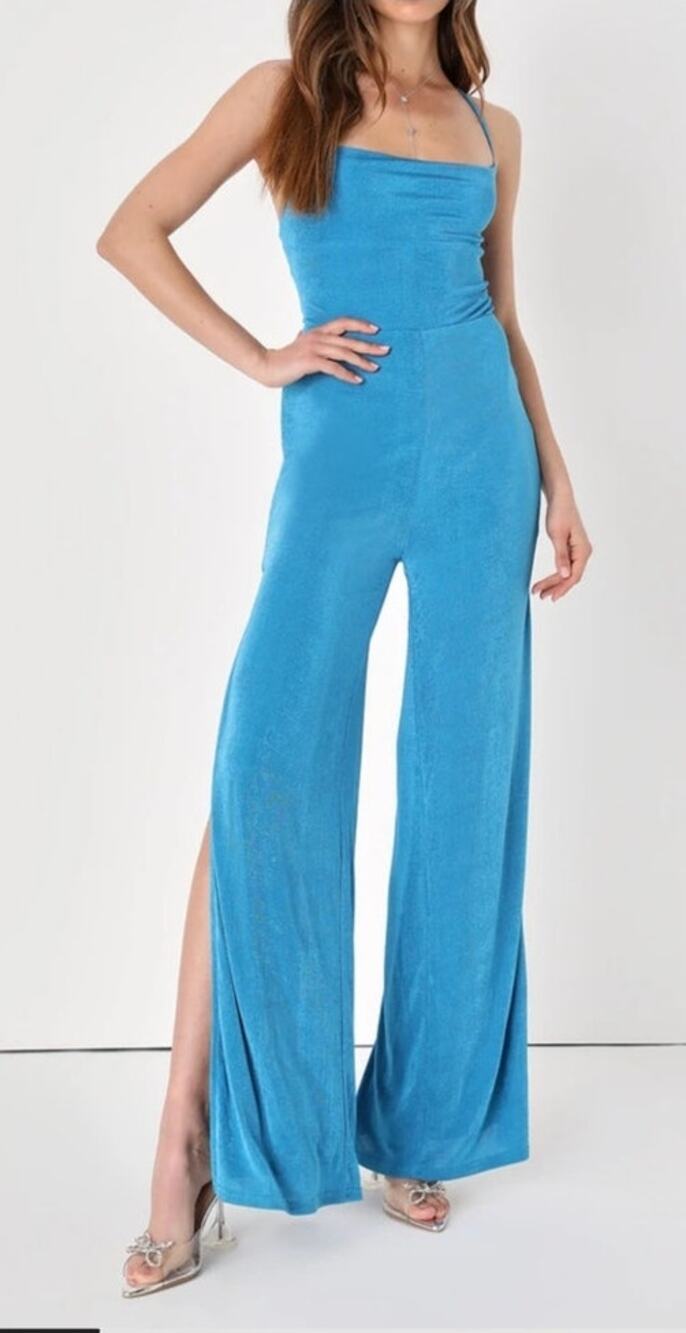 Lulus Med Owning the Vibe lace-up split-leg blue NWT dressy jumpsuit ($65) long
